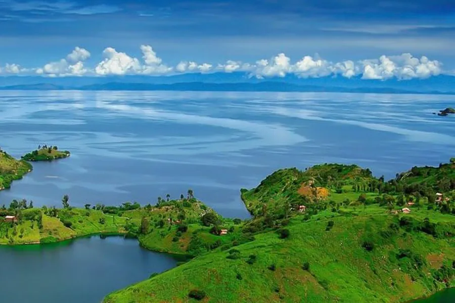 Green forested islands and headlands along the blue water of Lake Kivu, Rwanda