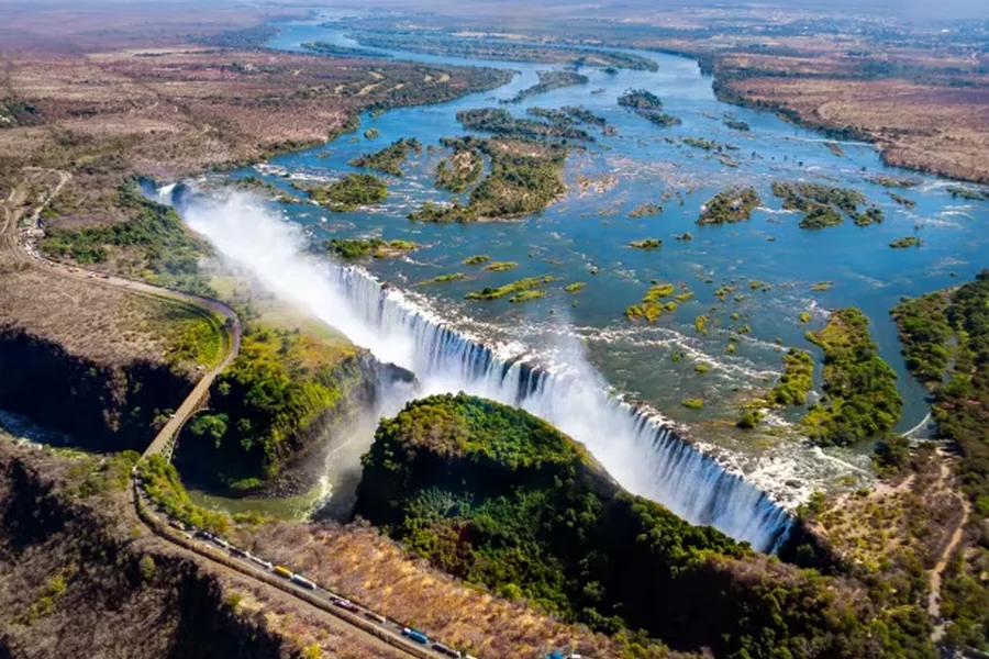 Victoria Falls seen from the Zambian side with spray rising from the Zambezi gorge