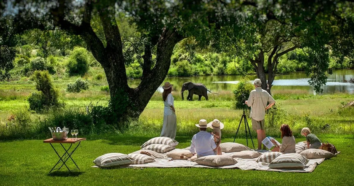 A family picnic on a shady lawn at a lodge, an elephant grazing on the riverbank ahead.