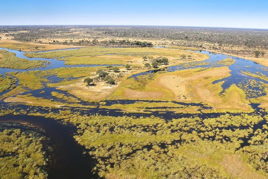 Aerial view of the winding channels and floodplains of the Linyanti and Kwando waterways, northern Botswana